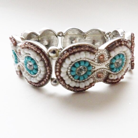 Cookie Lee NWT Crystal & Glass Bead Stretch Bracelet Silver Tone Southwest Look - Picture 7 of 8